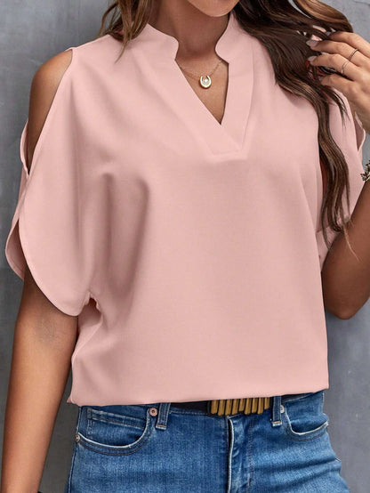 LUNE Solid Cold Shoulder Split Sleeve Popover Blouse,Short Sleeve Tops